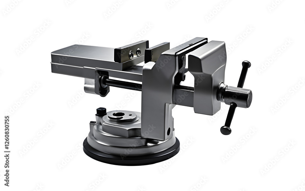 Poster a strong metal vise with a rotating base, isolated on a empty plain background