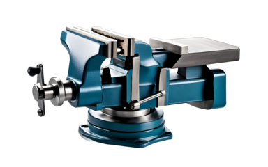 A strong metal vise with a rotating base, isolated on a empty plain background