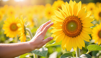 Fototapeta premium Hand reaching out to sunflower in a bright field for blogs, websites, gardening themes, nature awareness, educational materials, and floral designs