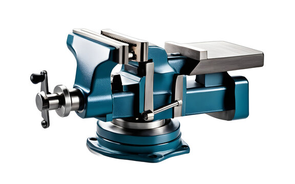A strong metal vise with a rotating base, isolated on a empty plain background