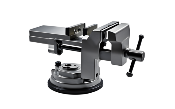 A strong metal vise with a rotating base, isolated on a empty plain background