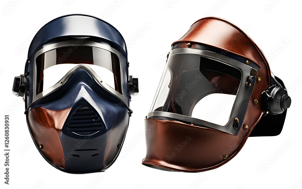 Poster A welding mask with a dark protective visor, isolated on a empty plain background