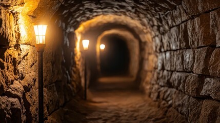 Fear of the Dark Concept, Mysterious Ancient Dungeon with Torches Illuminating Cold Stone Walls in Dimly Lit Passageway