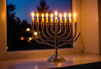 Fototapeta premium A medium shot of a silver menorah on a windowsill, casting shadows from the warm, flickering candles against a dark night sky outside.