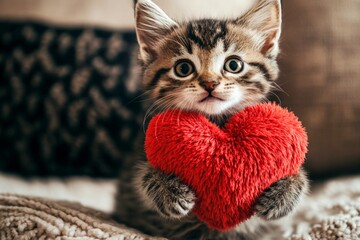 Naklejka premium Cute manx young cat with fluffy red heart at cozy apartment. Manx - my beloved cat, symbol of care. Commercial critter idea. Cute cat in love. Kitten love portrait. Romantic kitten.