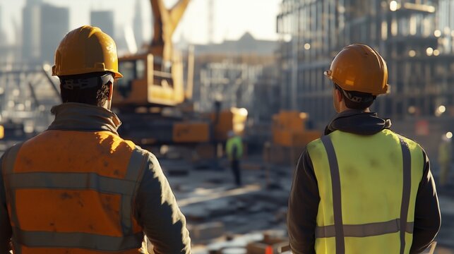 Construction worker standing in front of a construction site. A project engineer and foreman in construction. A rear view of the site. Laborer positioned before a construction site lifestyle.