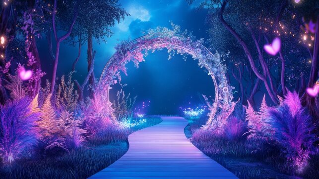 Enchanted digital wedding archway in a mystical forest landscape for event design
