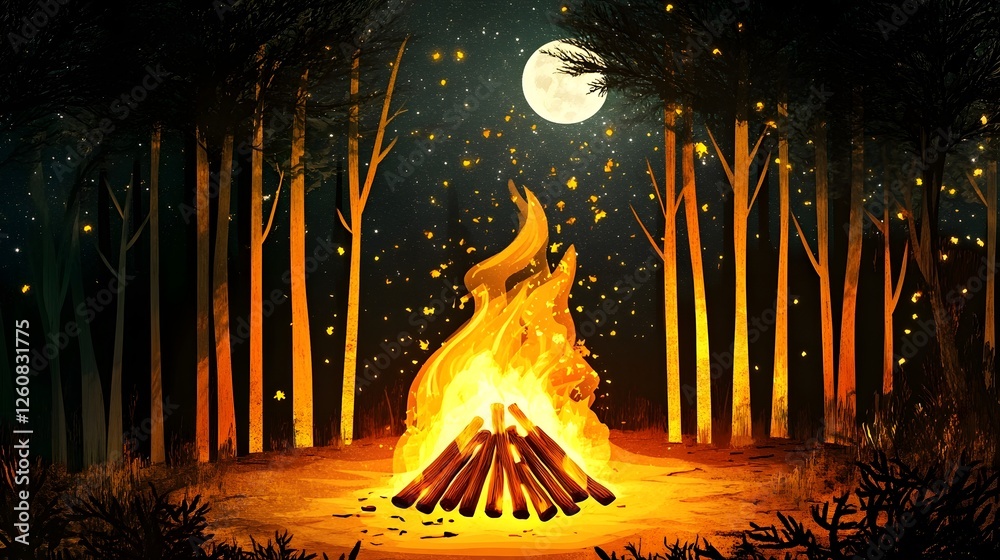 Poster enchanting campfire scene in a serene forest setting with a luminous full moon and twinkling stars o