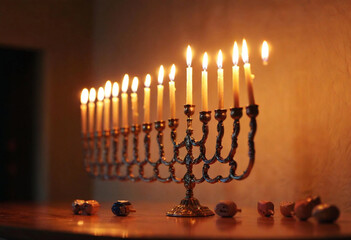 A low-angle shot of a menorah on a wooden mantle, candles flickering, with small dreidels scattered across the surface beneath it.