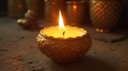 A lit candle sitting on top of a table next to other candles and jars on the table and a candle holder