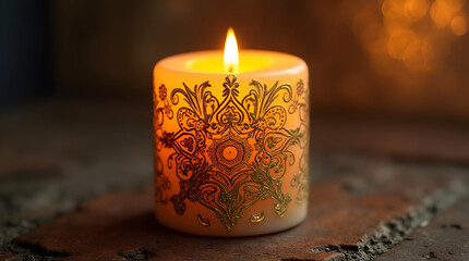 A lit candle sitting on top of a wooden table next to a window sill with a curtain in the background