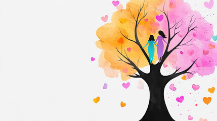 Women Embracing Nature Under Colorful Heart Tree Design