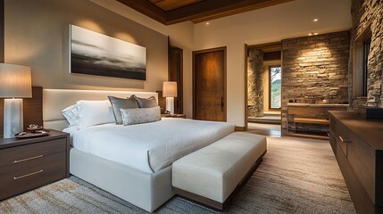 contemporary bedroom with king-size bed and soft textures 
