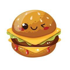 Cheeseburger with meat, lettuce, tomato, onion. Burger with Cheddar. Fast food concept. Isolated vector illustration for Street Cafe, Restaurant menu, flyer, brochure, banner