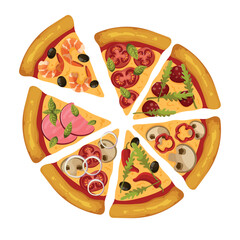 Pizza slices with different ingredients, vegetables, shrimp, tomatoes, pine cone, pepperoni, arugula, chili, mushrooms. Vector illustrations