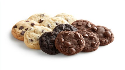 Obraz premium A fresh batch of cookies, including chocolate chip and sugar cookies, displayed against a clean white backdrop with subtle shadows for depth.