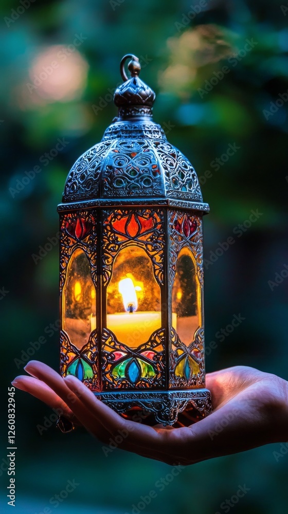 Poster delicate patterns adorn the arabic lantern held gently in hand, illuminating the surroundings with a