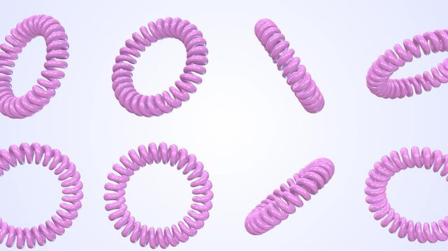 Pink Spiral Hair Bands Falling on a Light Background. Elastic Hair Band 3D. 4K