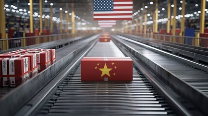Cardboard boxes with chinese and american flags moving on conveyor belt in distribution warehouse