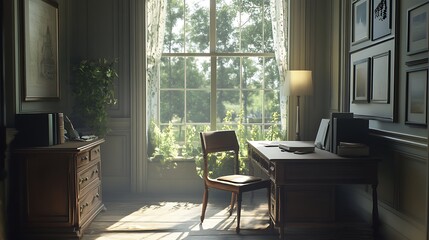 Fototapeta premium simple home office with desk, chair, and large window 