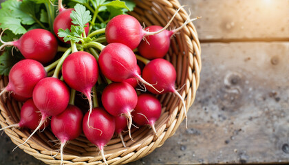 Fresh radishes in a woven basket on rustic wood for blogs, websites, recipe designs, gardening tips, and healthy eating awareness in culinary and agricultural presentations