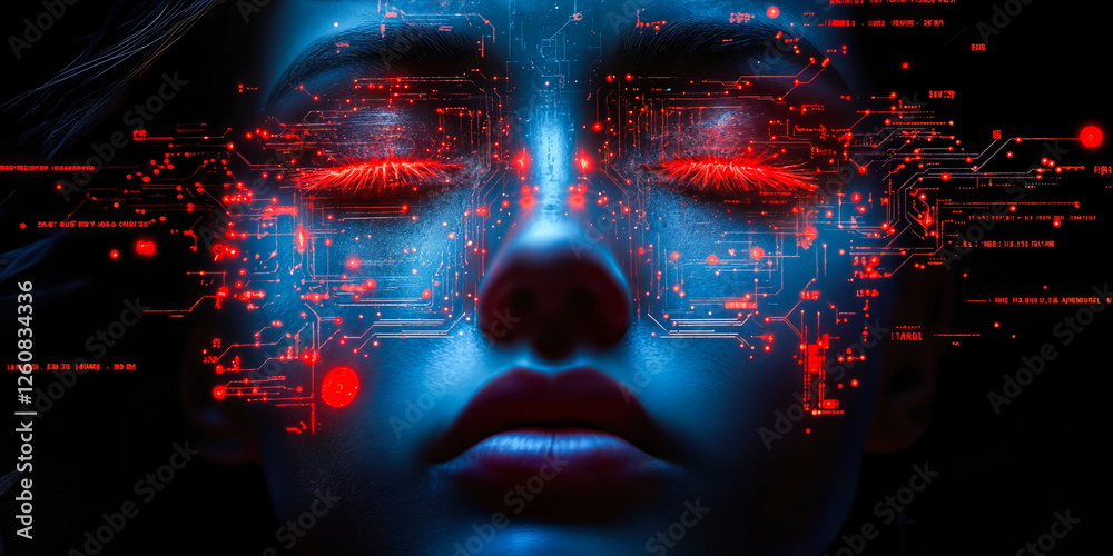 Poster futuristic ai interface with digital circuitry on human face symbolizing advanced no-code artificial