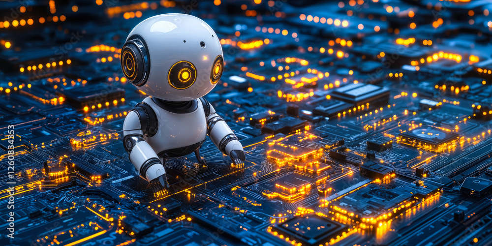 Poster ai-driven business automation concept featuring robotics and digital circuit board illustrating disr