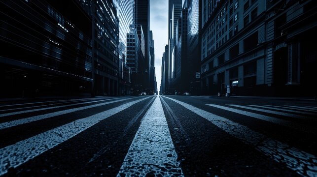 Dark street asphalt abstract background with tall buildings sharp shadows minimalist striking architectural photography.