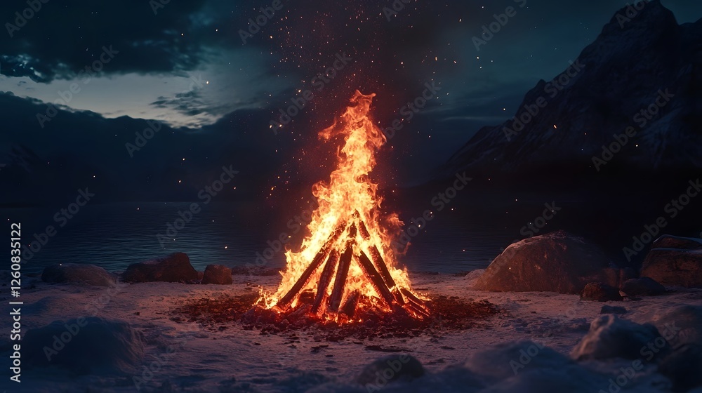 Aufkleber ethereal bonfire flames casting a warm captivating glow over a snowy mountain landscape at dusk the 