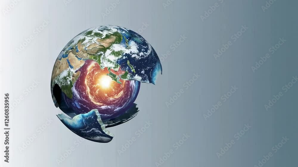 Poster planet earth slowly breaks apart, revealing a fiery core of seismic energy against a gradient backgr