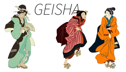 Three geisha in japanese kimono vector illustration. Ukiyo-e art drawing. Ancient Japan culture