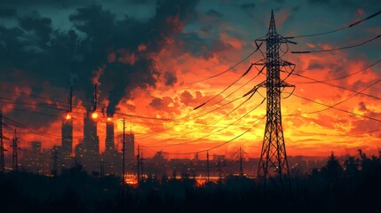 Industrial cityscape polluting air at sunset with electricity pylon