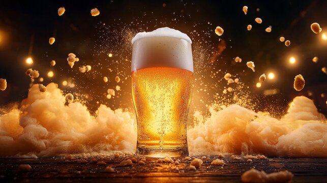 Capturing perfect beer pour with golden effervescence and foamy head for beverage enthusiasts