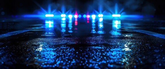 Dark street asphalt reflecting tense blue police lights ideal for crime themes dramatic abstract dark background on wet ground.