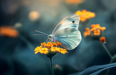 Close-Up of a Beautiful Butterfly Resting on Vibrant Yellow Flowers

