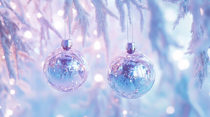 Obraz premium Sparkling holiday ornaments hang among frosty tree branches in a magical winter setting