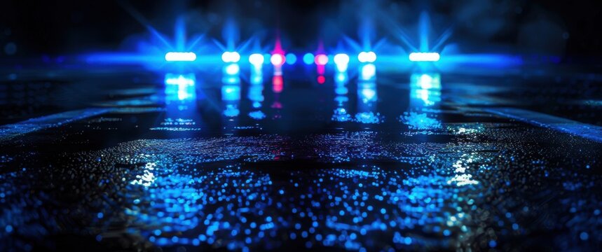 Dark street asphalt reflecting tense blue police lights ideal for crime themes dramatic abstract dark background on wet ground.
