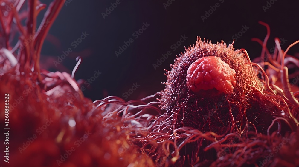 Poster extreme closeup of a vivid red fungal organism or microorganism with intricate textured patterns and