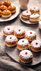 A high angle shot of various Hanukkah sweets like sufganiyot and latkes arranged on a platter with sparkling candles in the background.