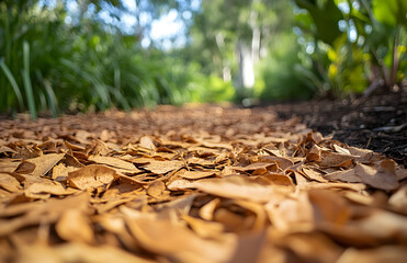 Golden Leaves Scattered Along a Sunlit Path in Nature

