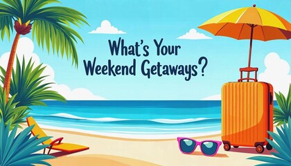 Vibrant vacation-themed poster with suitcase, palm tree, and umbrella asking about ideal weekend getaways