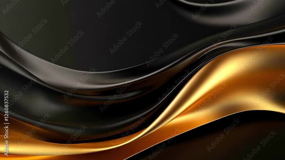 Poster Immerse in the elegance of abstract art with dynamic, flowing lines on a black background. Metallic gold and shiny black elements interweave, creating depth and fluidity resembling waves or ribbons.