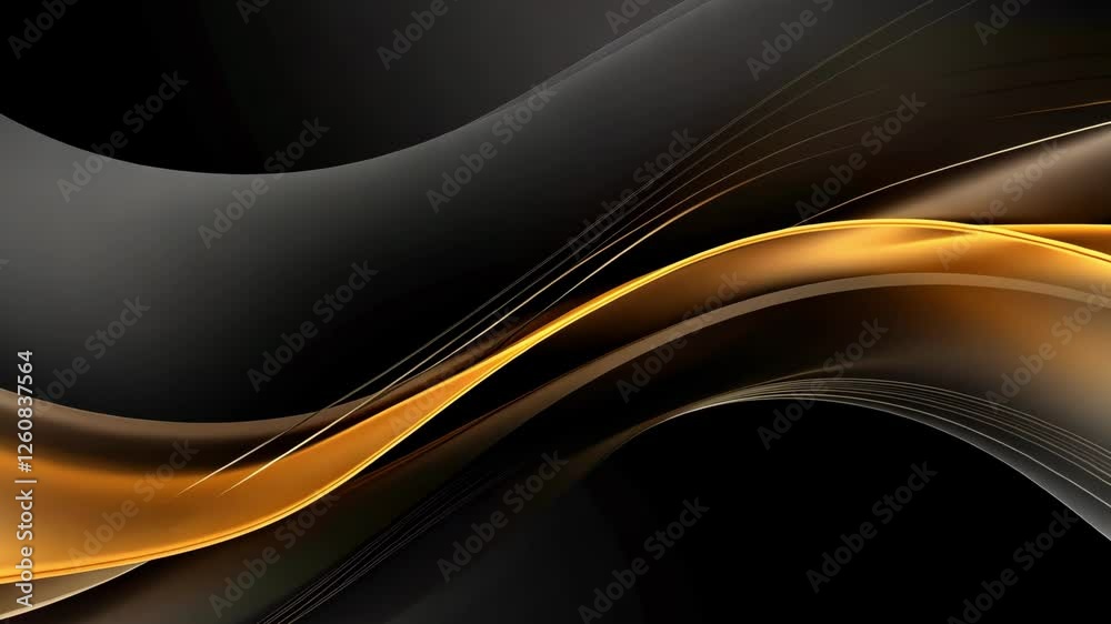 Poster Immerse in the elegance of abstract art with dynamic, flowing lines on a black background. Metallic gold and shiny black elements interweave, creating depth and fluidity resembling waves or ribbons.