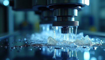 Close-up of high-precision industrial machinery during a water cooling process