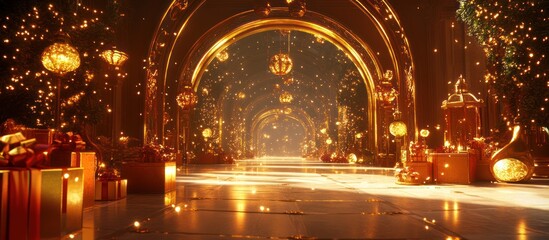 Golden Hallway, Christmas Gifts, Festive Lights, Holiday Card