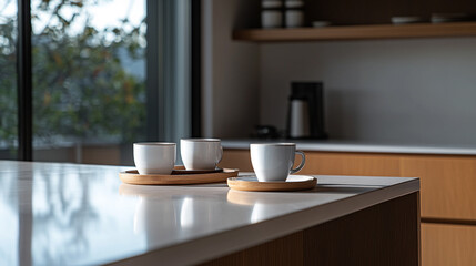 Three white coffee cups on wooden trays in modern kitchen setting during daylight