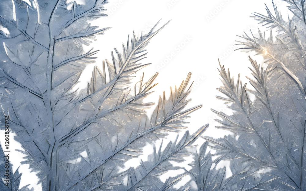 Poster A frosty windowpane with ice crystal patterns, isolated on a empty plain background
