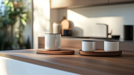 Simple design of white and black coffee cups on a wooden surface in a modern kitchen