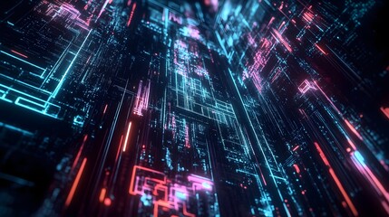 Obraz premium Futuristic cityscape featuring towering skyscrapers glowing neon lights and a captivating digital landscape