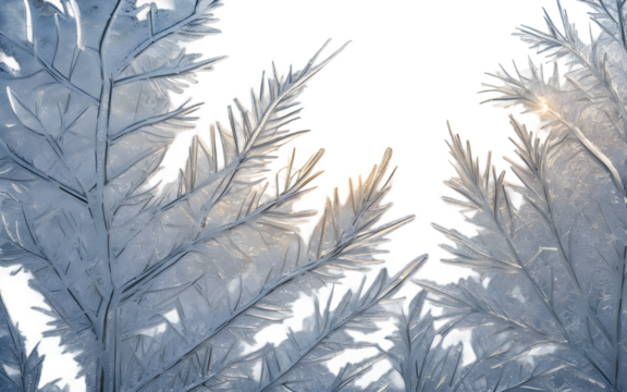 A frosty windowpane with ice crystal patterns, isolated on a empty plain background